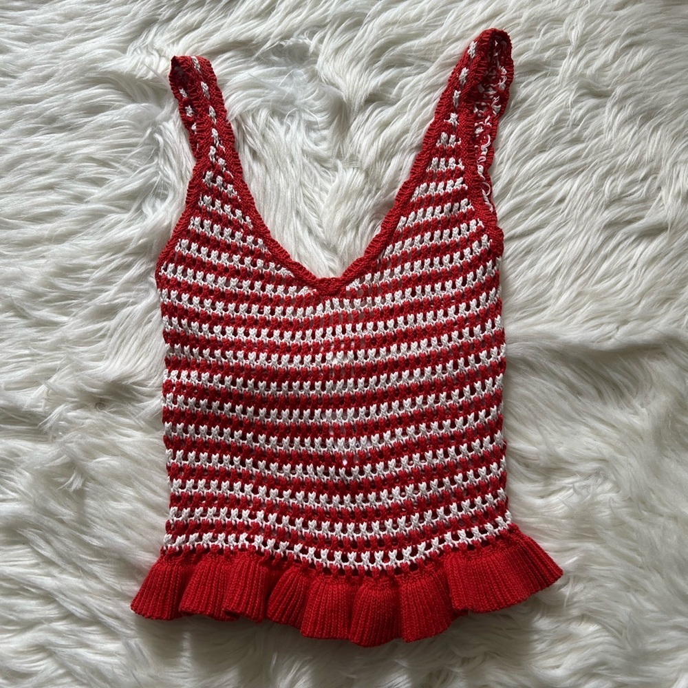 Full Tilt Red and White Knit Ruffle Hem Top